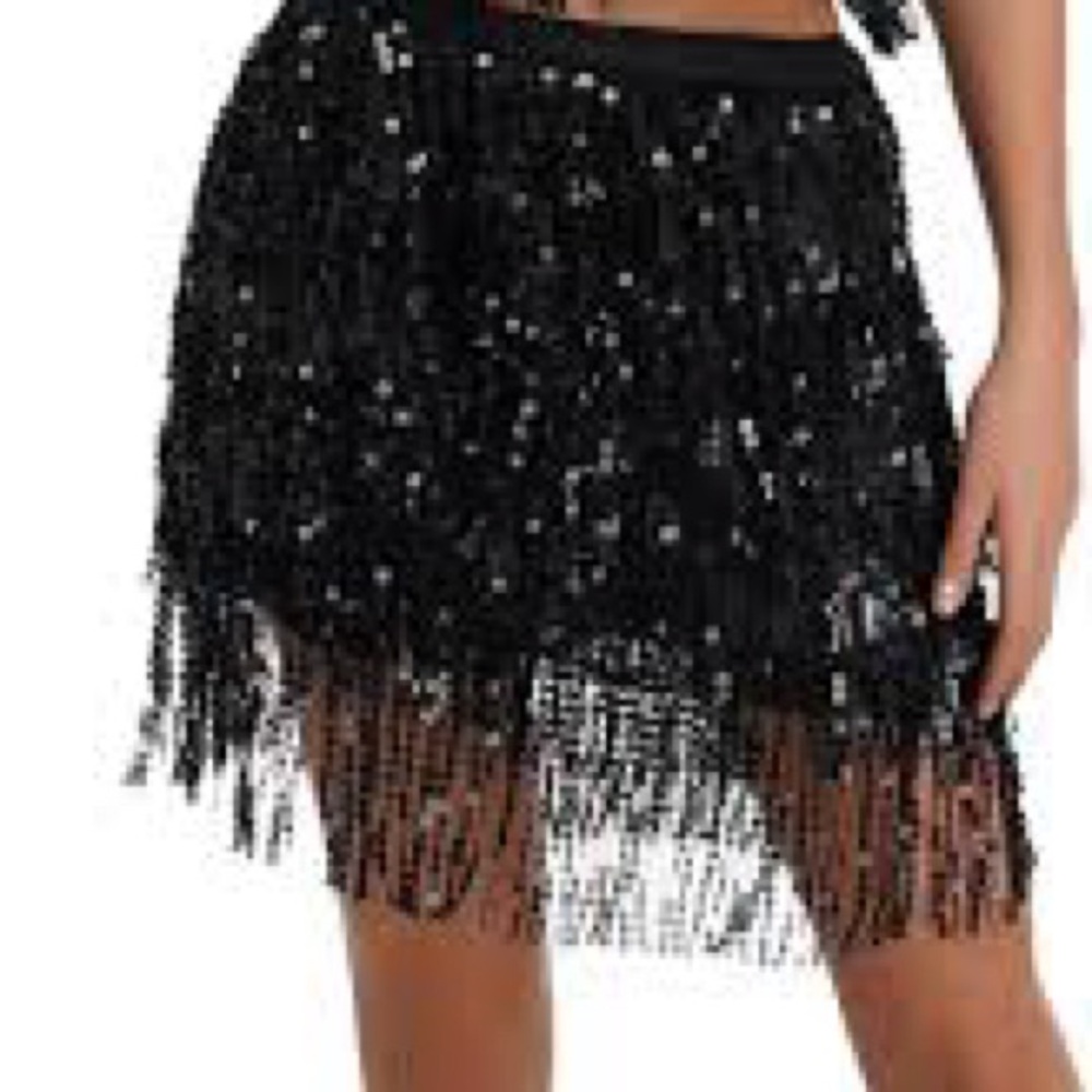 Elegant Sparkly Black Fringe Skirt and One Shoulder Matching Top NWT Size S‎ - Picture 3 of 6